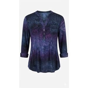 VeraRose Embroidered Batik Tie Dye - Purple Galaxy Flowy Cinched Blouse